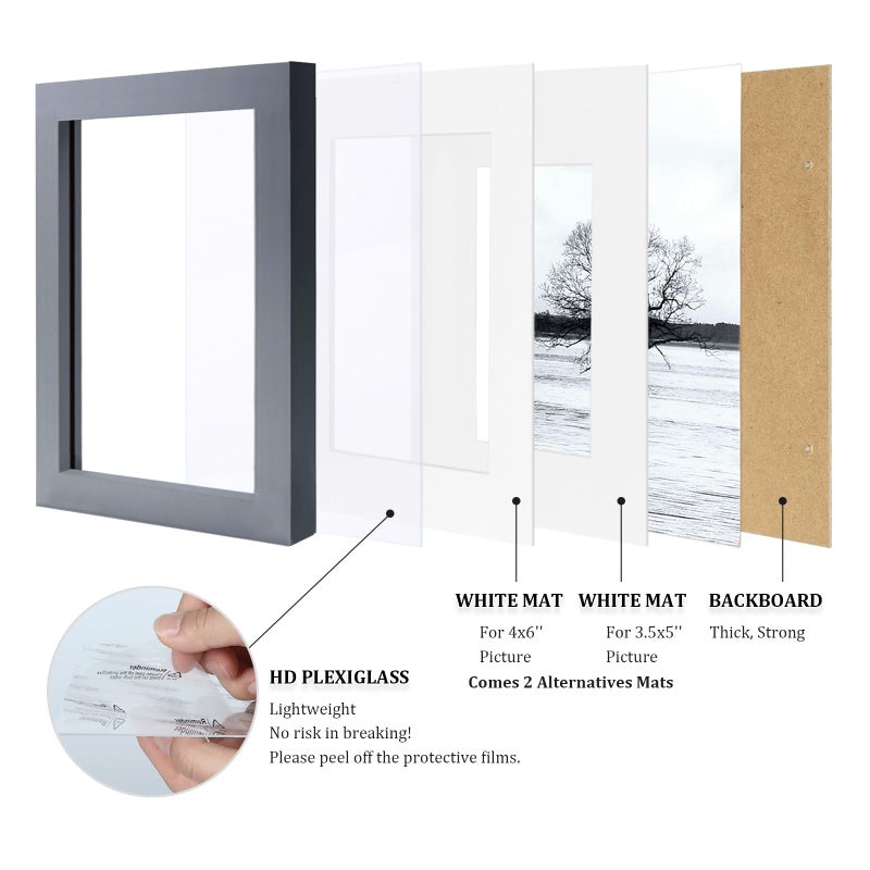 Egofine 5x7 Picture Frames 4 Pack Covered by Plexiglass for Picture 4x6 with Mat or 5x7 whitout Mat Made of Solid Wood for Table Top Display and Wall Mounting Photo Frame, Dark Gray - Image 4